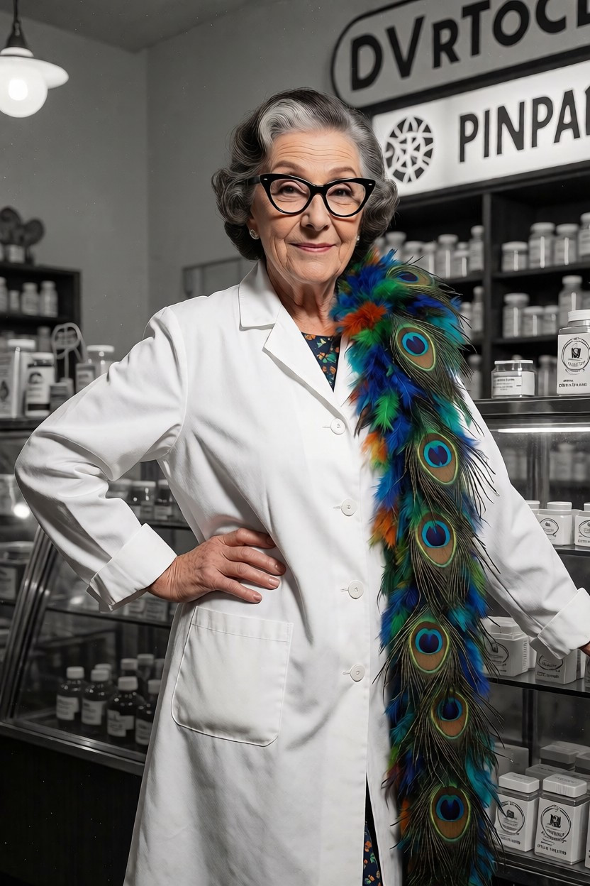 Kay Roger in her pharmacist's coat
